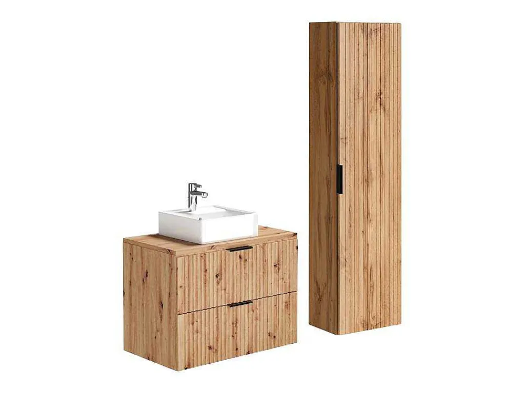 Hangend Geribbeld Badkamermeubel Met Wastafel Om Te Plaatsen - Licht Naturel - 80 Cm - Zevara-Vente-unique Discount