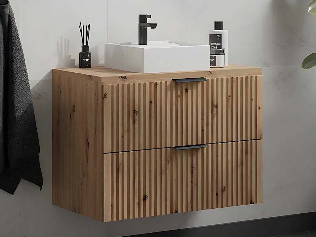 Hangend, Geribbeld Wastafelmeubel Met Opzetwastafel - Lichte Houtlook - L80 Cm - Zevara-Vente-unique Hot