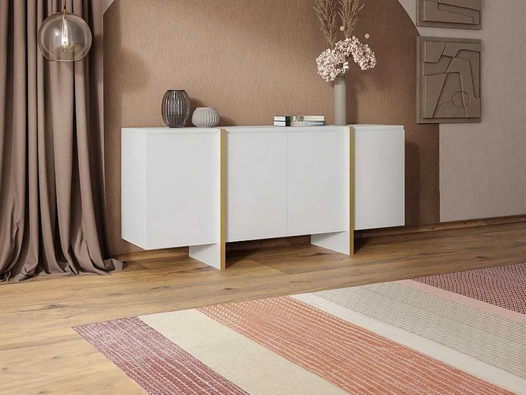 Hangend Tv-Meubel Met 4 Deuren Van Mdf - Wit En Goudkleurig - Luvonia-Vente-unique