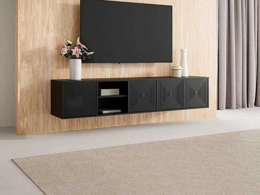 Hangend Tv-Meubel Met 4 Deuren En 2 Nissen Van Mdf - Zwart - Mezulia-Vente-unique Discount