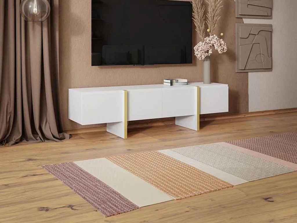 Hangend Tv-Meubel Met 4 Deuren Van Mdf - Wit En Goud - Luvonia-Vente-unique Sale