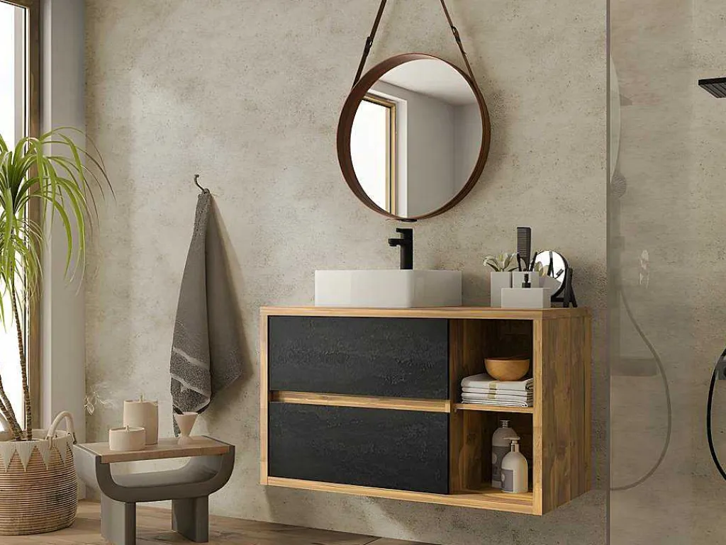 Hangend Wastafelmeubel - Naturel En Antraciet - 100 Cm - Tikitiki-Vente-unique Online