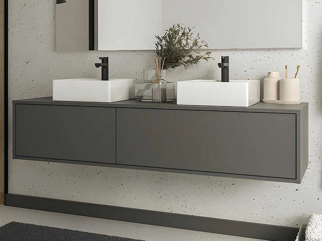 Hangende Badkamermeubel In Antracietgrijze Kleur Met Dubbele Wastafel - L150 Cm - Isaure Ii-Vente-unique