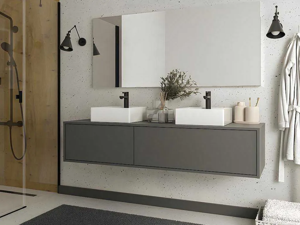 Hangende Badkamermeubel In Antracietgrijze Kleur Met Dubbele Wastafel - L150 Cm - Isaure Ii-Vente-unique