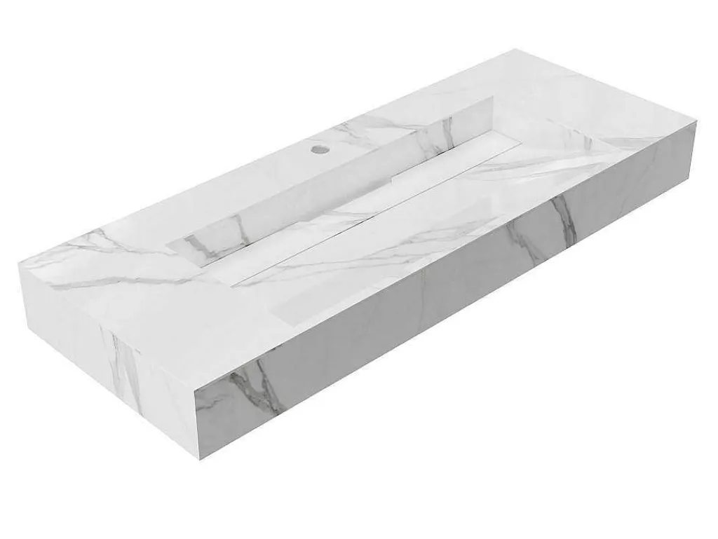 Hangende Solid Surface Wastafel In Wit Marmer Effect Takotna - L.120.2 X B.45.2 X H.8 Cm-Shower & Design Hot