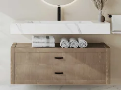Hangende Solid Surface Wastafel In Wit Marmer Effect Takotna - L.120.2 X B.45.2 X H.8 Cm-Shower & Design Hot