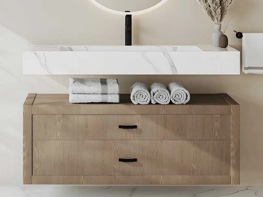 Hangende Solid Surface Wastafel In Wit Marmer Effect Takotna - L.120.2 X B.45.2 X H.8 Cm-Shower & Design Hot