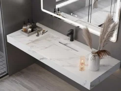 Hangende Solid Surface Wastafel In Wit Marmer Effect Takotna - L.120.2 X B.45.2 X H.8 Cm-Shower & Design Hot