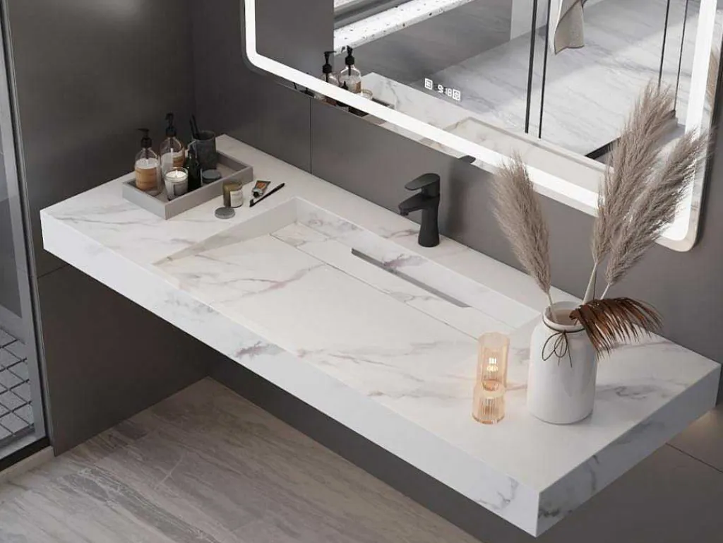 Hangende Solid Surface Wastafel In Wit Marmer Effect Takotna - L.120.2 X B.45.2 X H.8 Cm-Shower & Design Hot