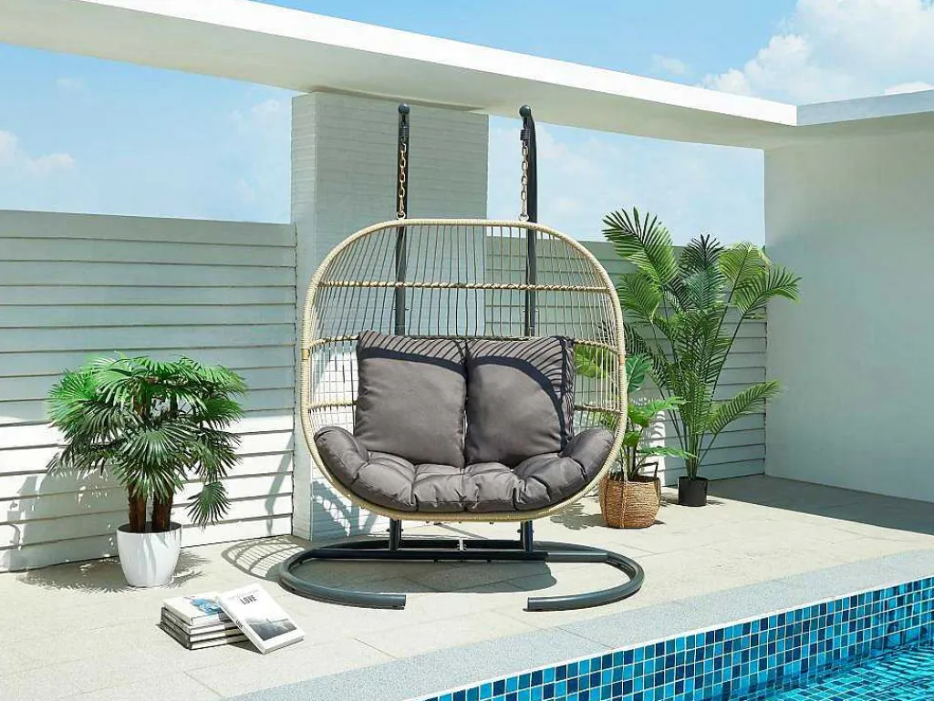 Hangfauteuil Voor 2 Personen Van Gevlochten Hars - Licht Naturel Met Antracietgrijs Kussen - Lissandra Van-MYLIA Best