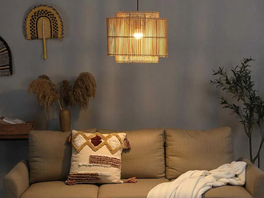 Hanglamp Etnische Stijl Van Bamboe En Zwart Metaal - D 40 X H 120 Cm - Parana-OZAIA