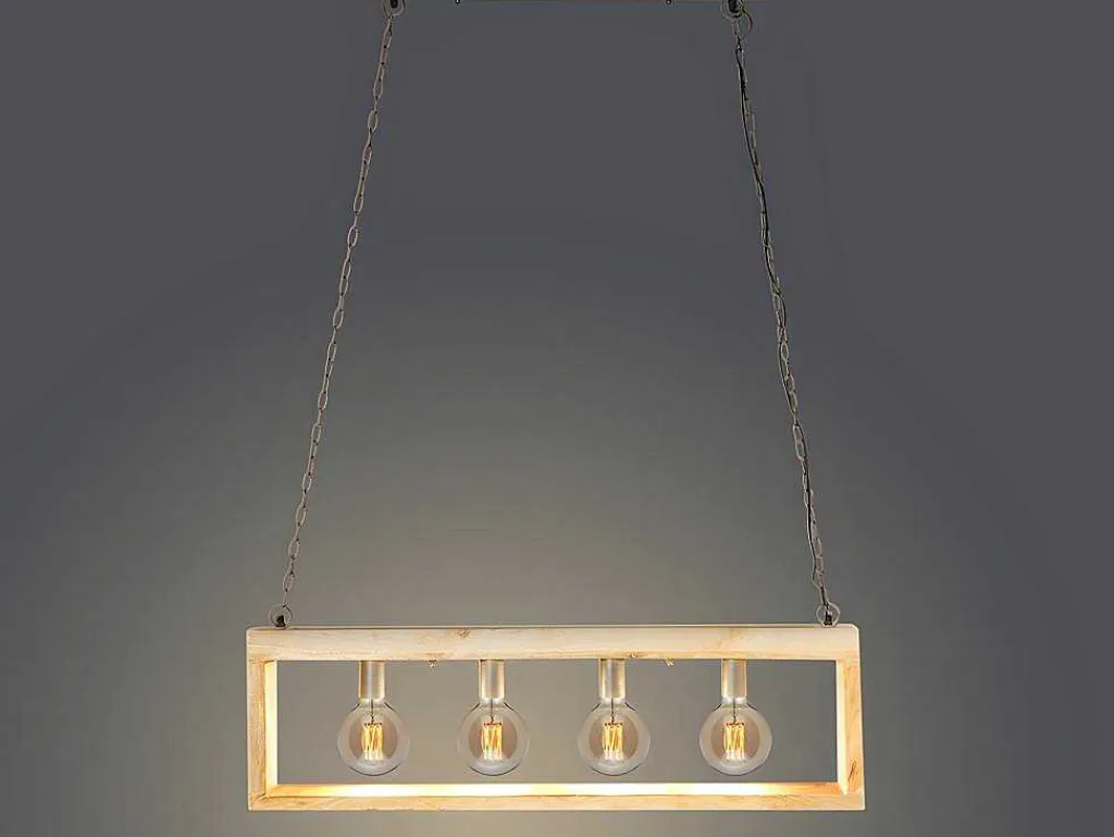 Hanglamp In Industriele Stijl Olius - Hout En Metaal - 4 Lampen - H31 X L100 Cm - Naturel En Zwart-OZAIA Online
