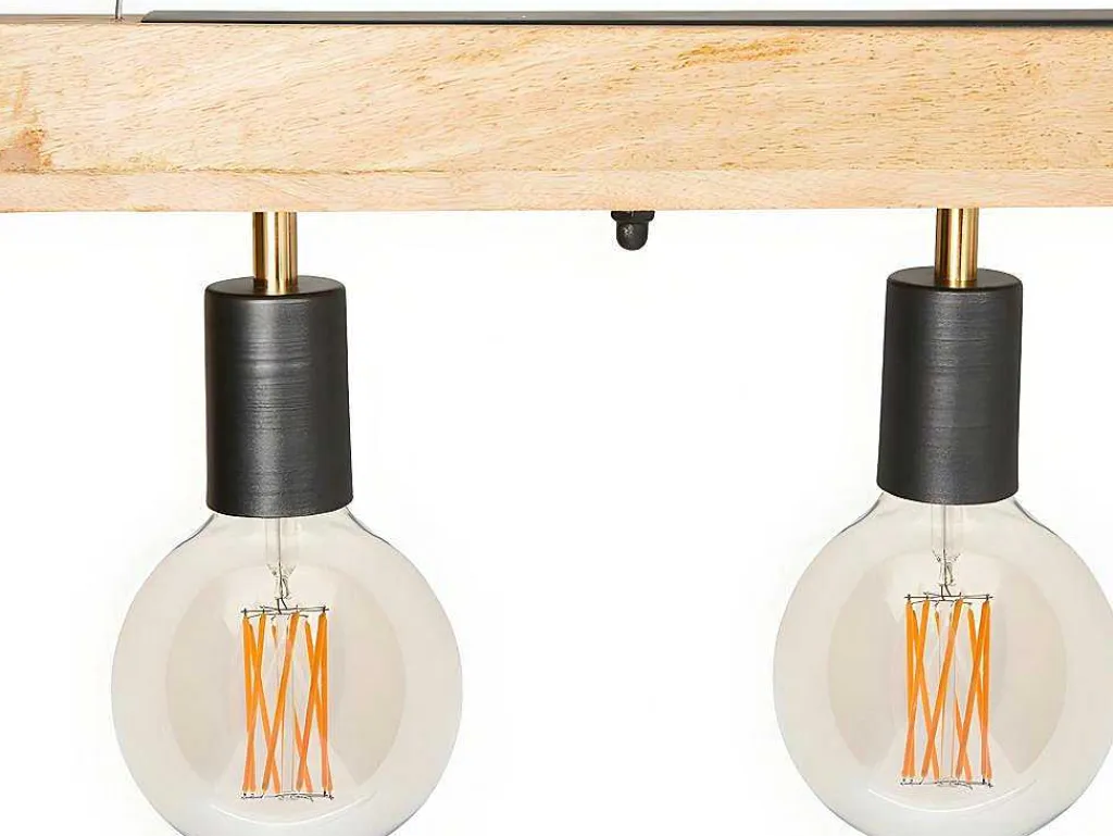 Hanglamp Van Hout Julbo Met 5 Lampen In Industriele Stijl - Hout En Metaal - H17,5 X L100 Cm - Naturel En Zwart-Vente-unique Discount