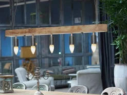 Hanglamp Van Hout Julbo Met 5 Lampen In Industriele Stijl - Hout En Metaal - H17,5 X L100 Cm - Naturel En Zwart-Vente-unique Discount