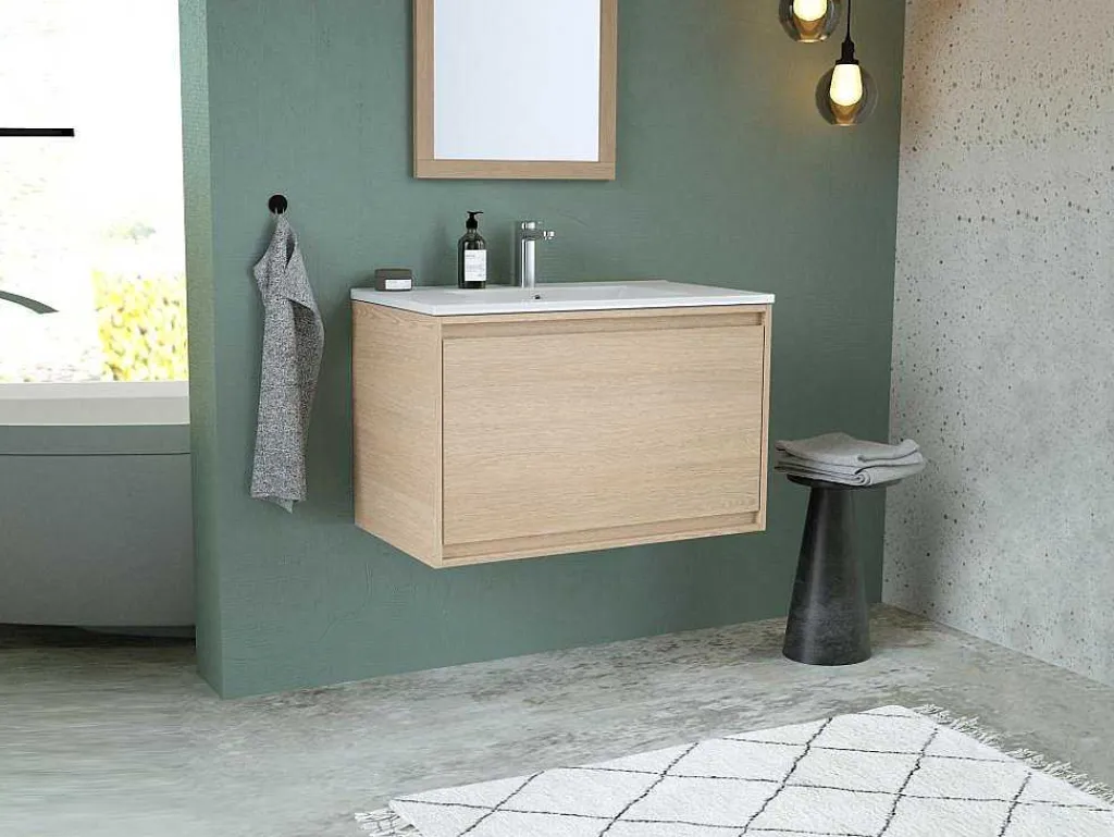 Hangmeubel Voor Badkamer Met Inbouwwastafel - Eikenfineer - 80 Cm - Mesliva-Vente-unique Clearance