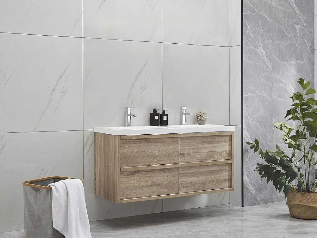 Hangmeubel Voor Badkamer Met Inbouwwastafel - Licht Naturel - 120 Cm - Quadra-Vente-unique Discount