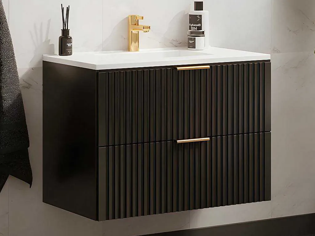 Hangmeubel Voor Badkamer Met Strepen Met Inbouwwastafel - Zwart - 80 Cm - Zevara-Vente-unique Discount