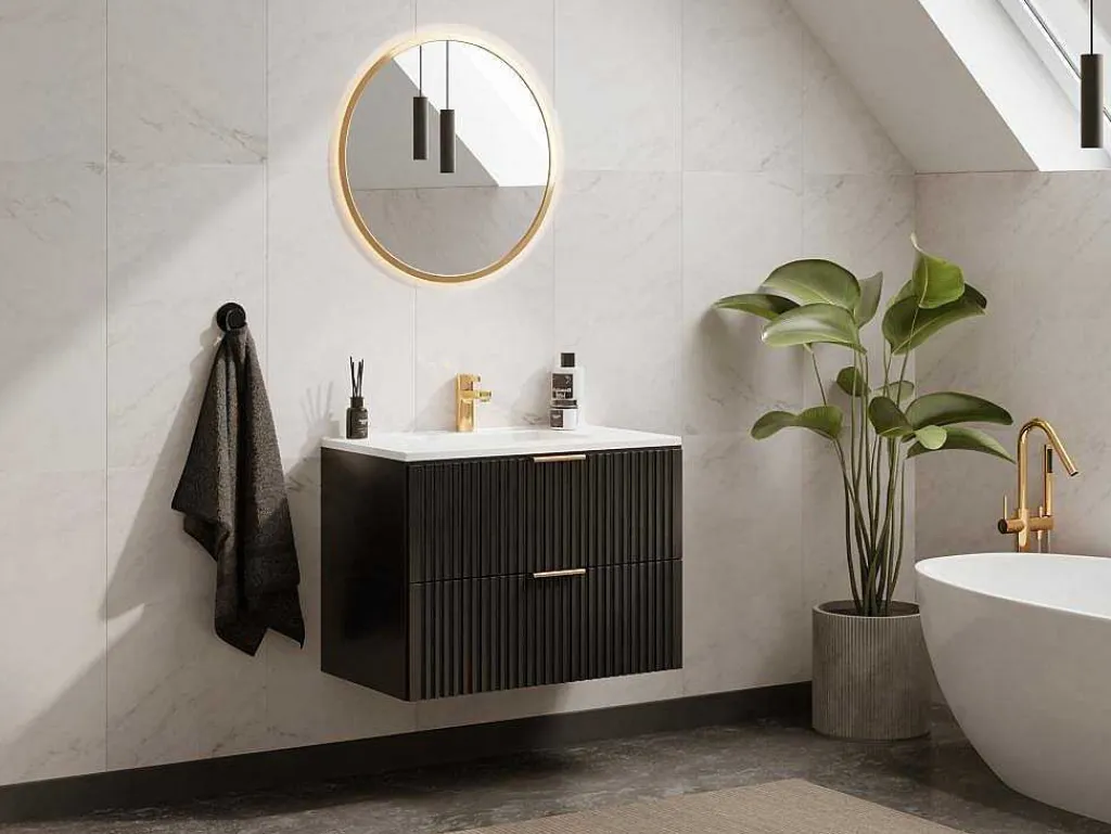 Hangmeubel Voor Badkamer Met Strepen Met Inbouwwastafel - Zwart - 80 Cm - Zevara-Vente-unique Discount