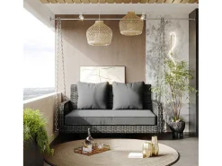 Hangstoel In Geweven Hars - Tuinschommel - 2 Plaatsen - Met Kussens - Grijs-ModernLuxe Sale