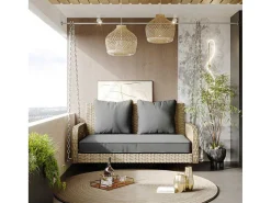 Hangstoel In Geweven Hars - Tuinschommel - 2 Plaatsen - Met Kussens - Beige & Grijs-ModernLuxe New