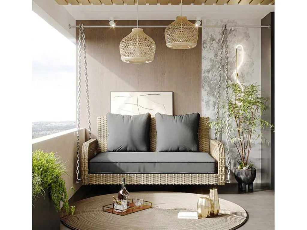 Hangstoel In Geweven Hars - Tuinschommel - 2 Plaatsen - Met Kussens - Beige & Grijs-ModernLuxe New