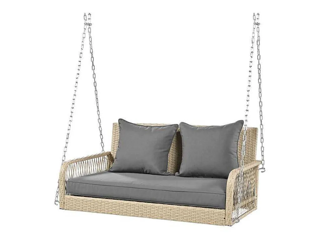 Hangstoel In Geweven Hars - Tuinschommel - 2 Plaatsen - Met Kussens - Beige & Grijs-ModernLuxe New