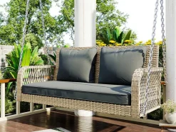 Hangstoel In Geweven Hars - Tuinschommel - 2 Plaatsen - Met Kussens - Beige & Grijs-ModernLuxe New