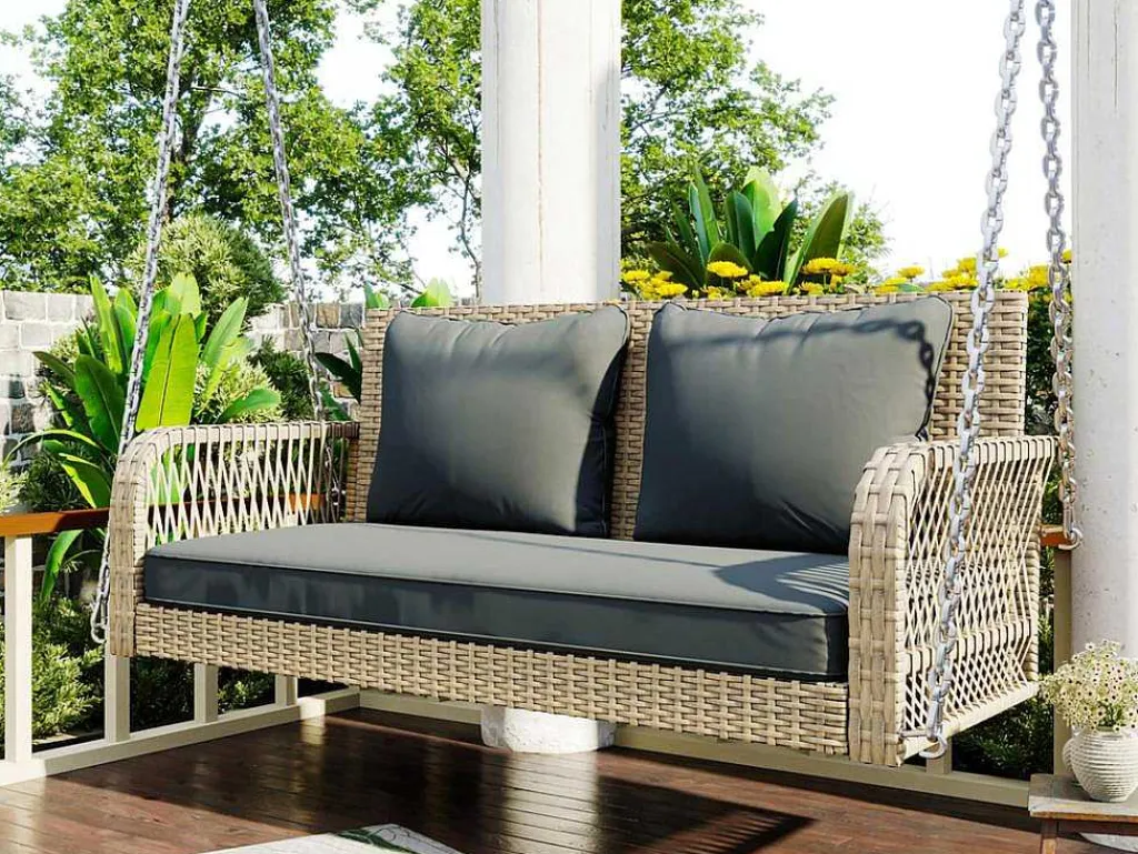 Hangstoel In Geweven Hars - Tuinschommel - 2 Plaatsen - Met Kussens - Beige & Grijs-ModernLuxe New