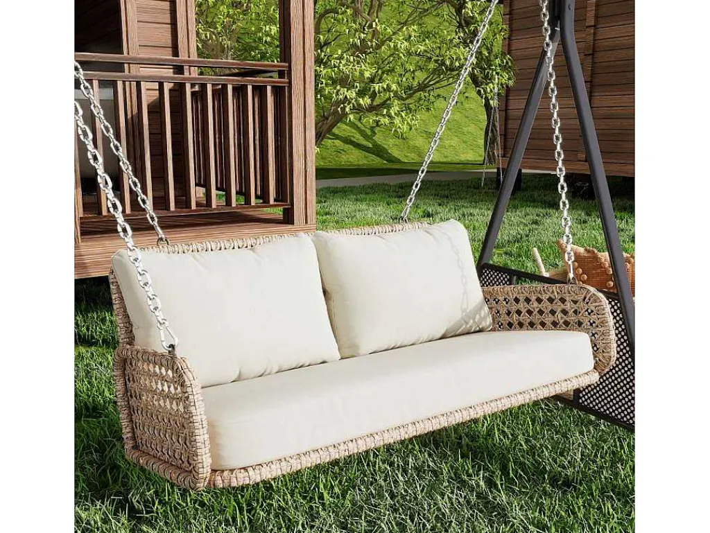 Hangstoel Van 240 Cm In Pe Rotan - 2 Plaatsen - Inclusief Kussens - Beige-Vente-unique New