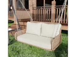 Hangstoel Van 240 Cm In Pe Rotan - 2 Plaatsen - Inclusief Kussens - Beige-Vente-unique New