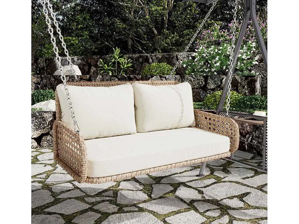 Hangstoel Van 240 Cm In Pe Rotan - 2 Plaatsen - Inclusief Kussens - Beige-Vente-unique New