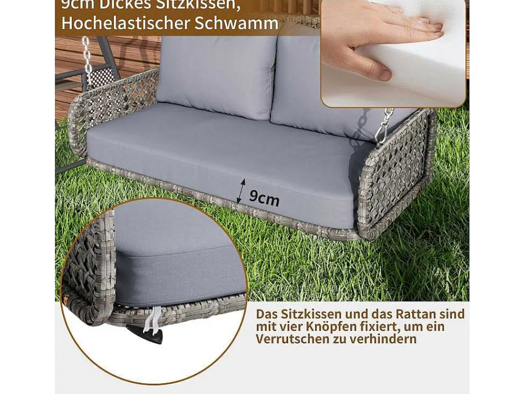 Hangstoel Van 240 Cm In Pe Rotan - 2 Plaatsen - Inclusief Kussens - Grijs-Vente-unique Best