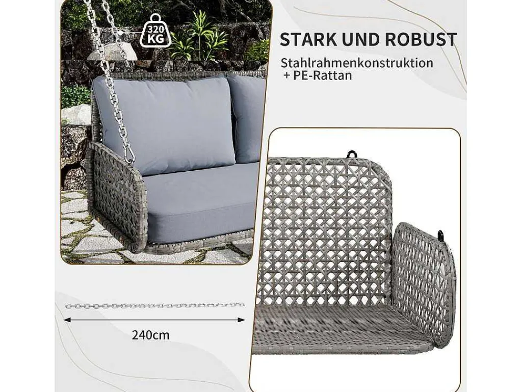 Hangstoel Van 240 Cm In Pe Rotan - 2 Plaatsen - Inclusief Kussens - Grijs-Vente-unique Best