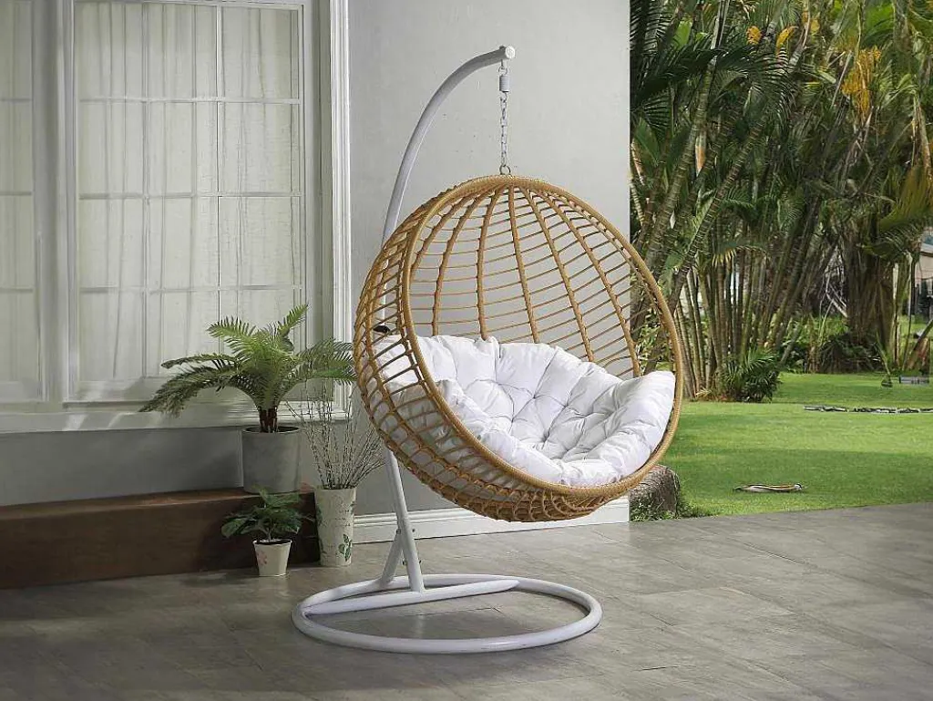 Hangstoel Van Gevlochten Hars - Beige Met Wit Kussen - Bontoc-MYLIA Sale