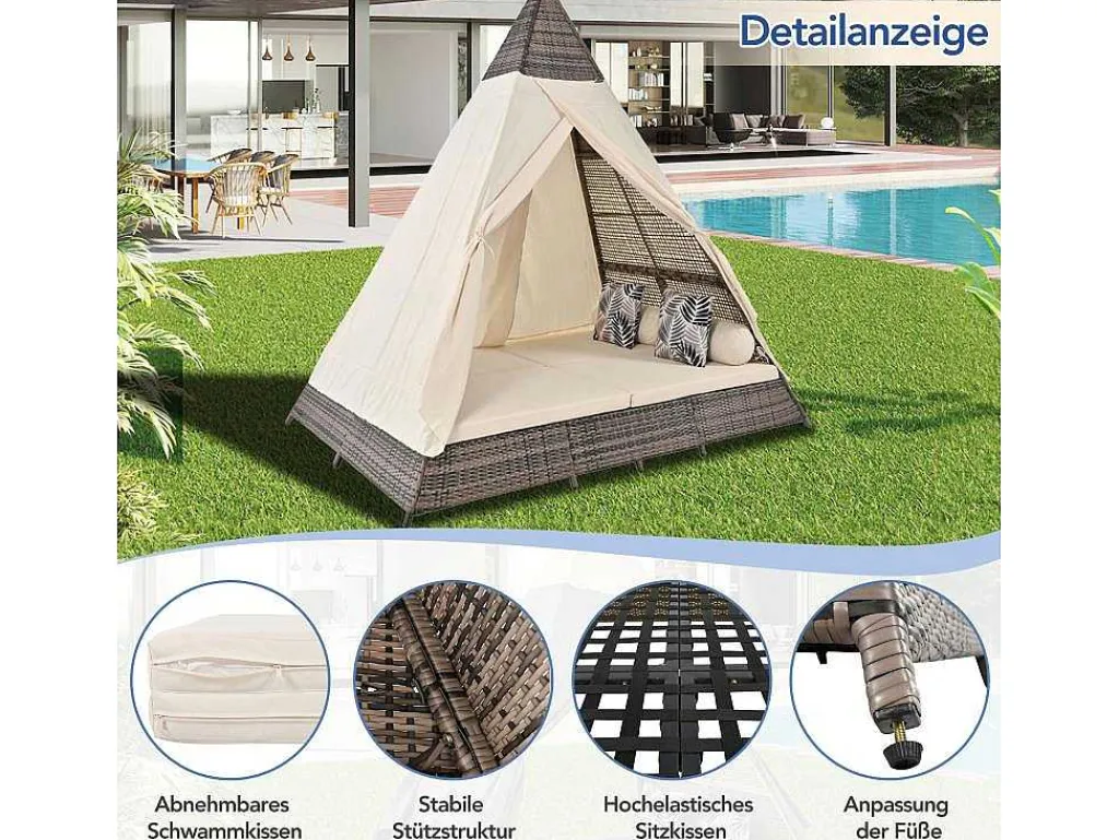 Hemel Tuinbed 2 Tot 4 Plaatsen - Grijs Rotan En Beige Deurgordijn - Inclusief Kussens - Voor Buiten-Vente-unique Online