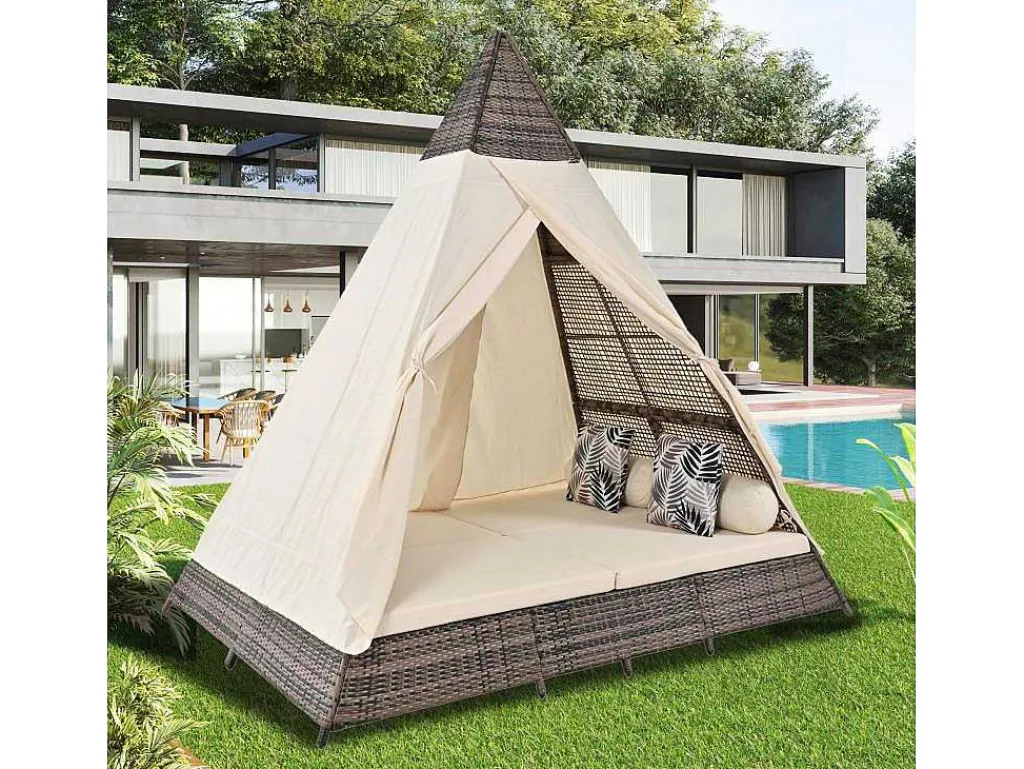 Hemel Tuinbed 2 Tot 4 Plaatsen - Grijs Rotan En Beige Deurgordijn - Inclusief Kussens - Voor Buiten-Vente-unique Online