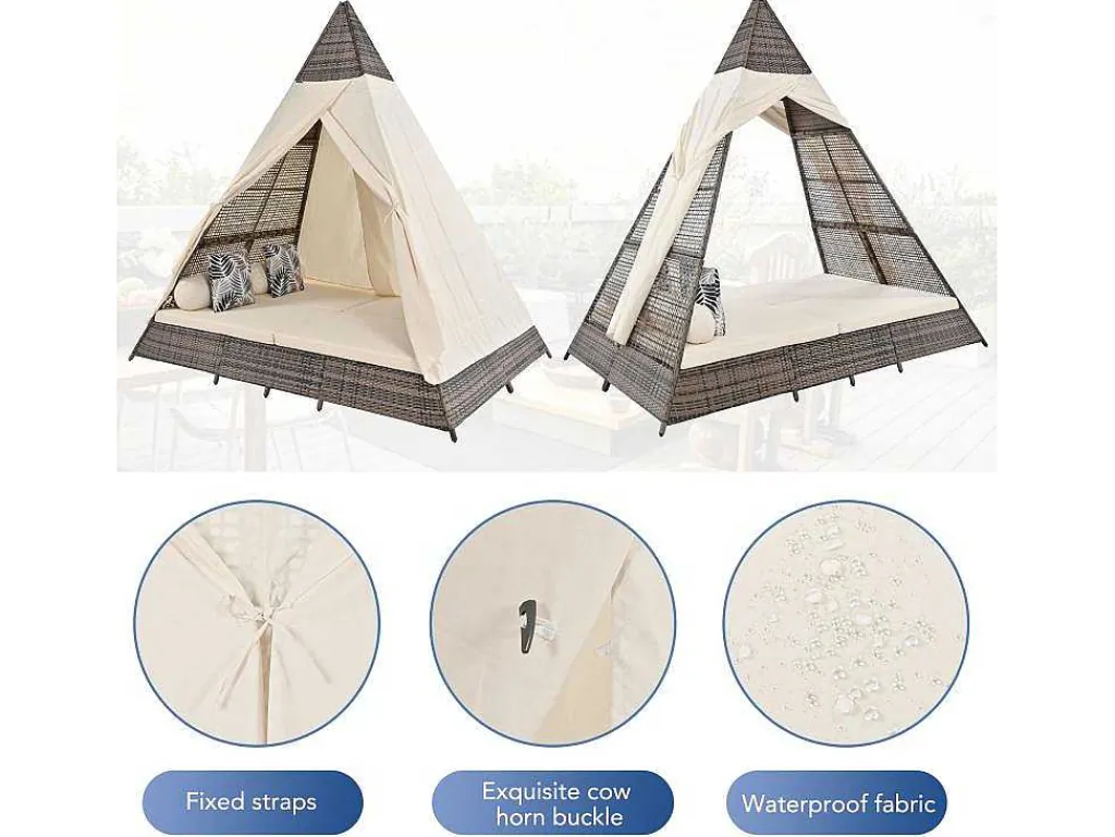 Hemel Tuinbed 2 Tot 4 Plaatsen - Grijs Rotan En Beige Deurgordijn - Inclusief Kussens - Voor Buiten-Vente-unique Online
