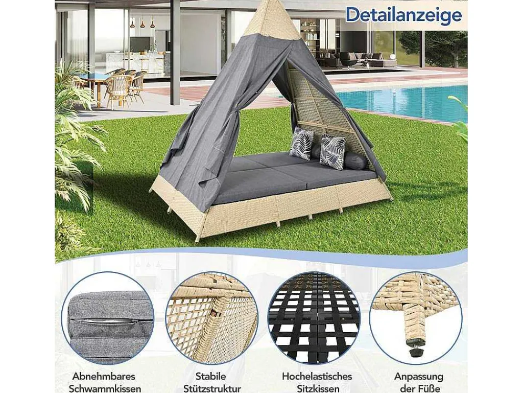 Hemel Tuinbed 2 Tot 4 Plaatsen - Beige Rotan En Grijs Deurgordijn - Inclusief Kussens - Voor Buiten-Vente-unique Best