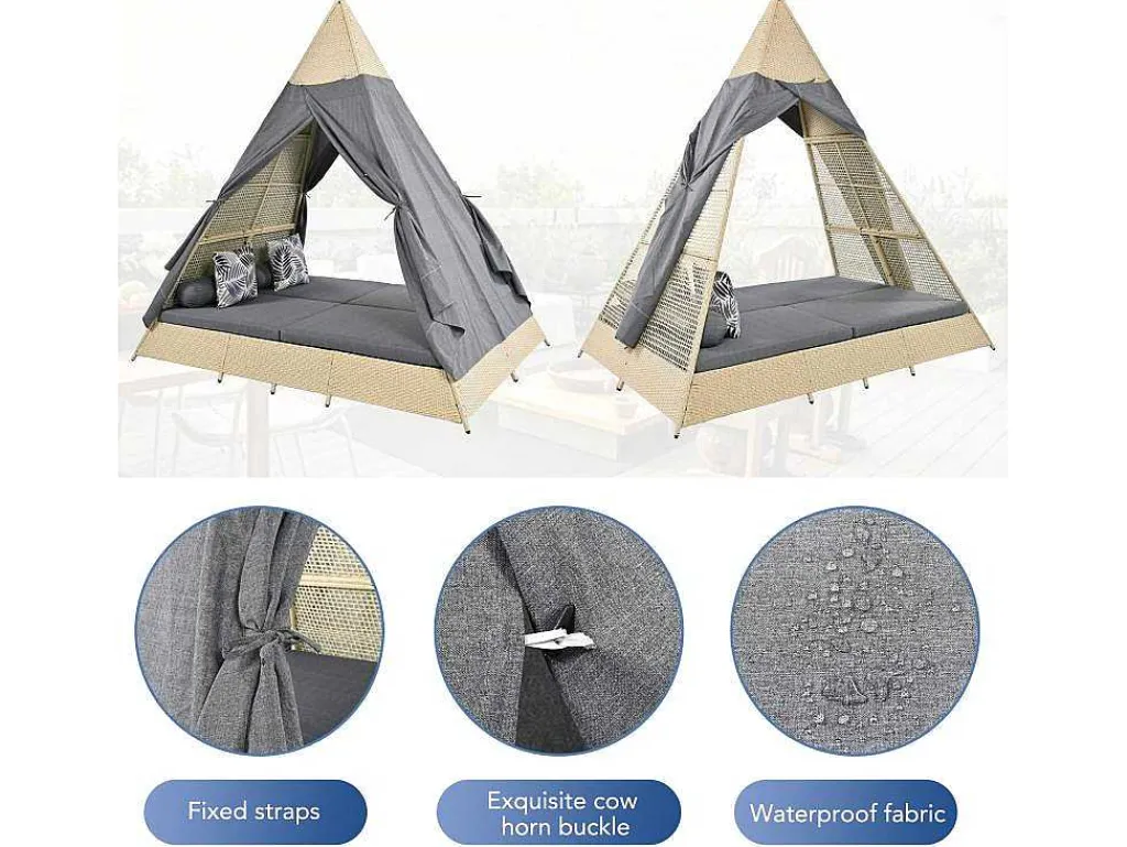 Hemel Tuinbed 2 Tot 4 Plaatsen - Beige Rotan En Grijs Deurgordijn - Inclusief Kussens - Voor Buiten-Vente-unique Best