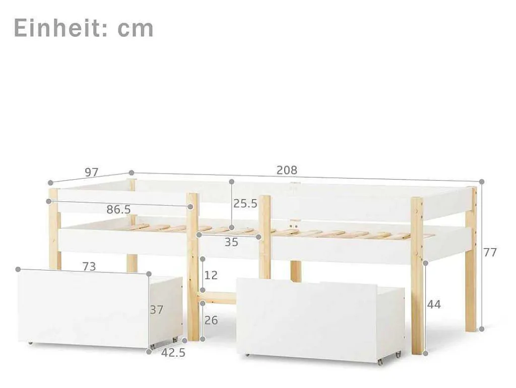 Hochbett Aus Massivem Kiefernholz Mit Schubladen 90 X 200 Cm Weis-ModernLuxe New