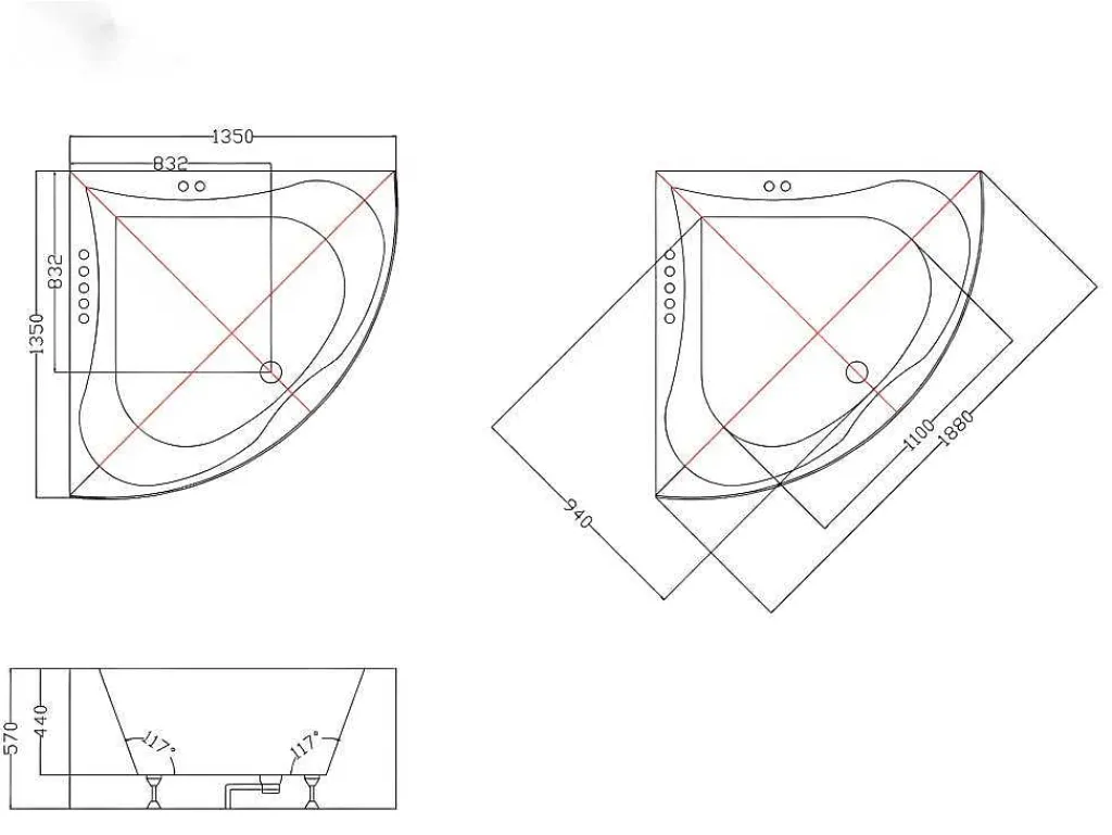 Hoekbadkuip Agyness - 263L - 135 X 135 X H57 Cm-Shower & Design Sale