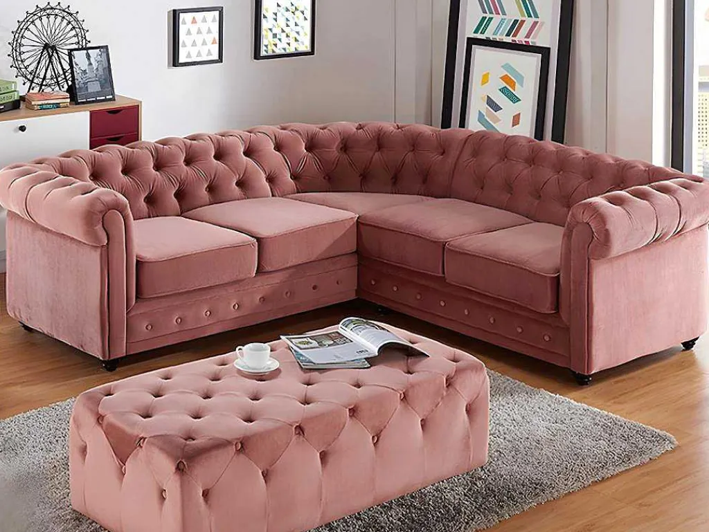 Hoekbank Van Fluweel Chesterfield - Pastel Roze-Vente-unique New