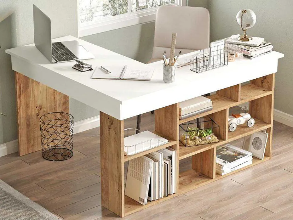 Hoekbureau Met Opbergruimte - Wit En Naturel - Lileul-Vente-unique Sale