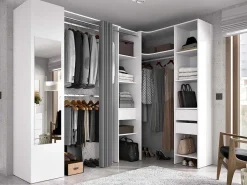 Hoekkledingkast Met Gordijn En 1 Deur - Met Spiegel - L231 Cm - Wit En Grijs - Bertrand-Vente-unique Clearance