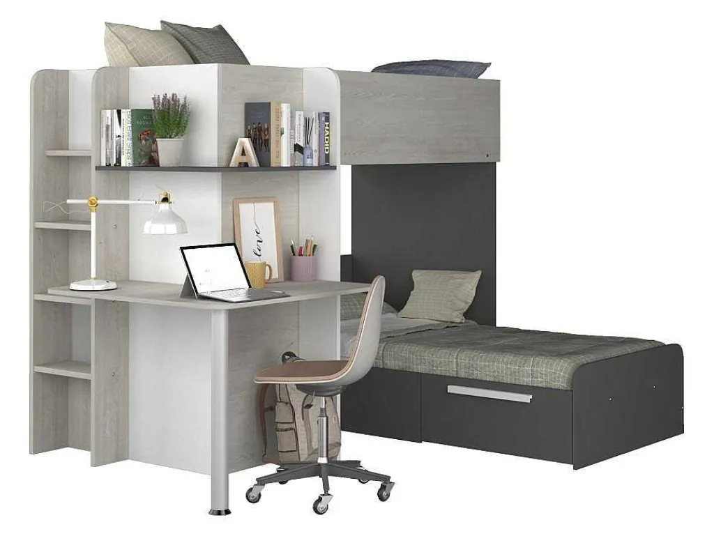 Hoekstapelbed 2 X 90 X 190 Cm - Met Bureau - Grijs, Wit En Zwart - Samuel-Vente-unique Best