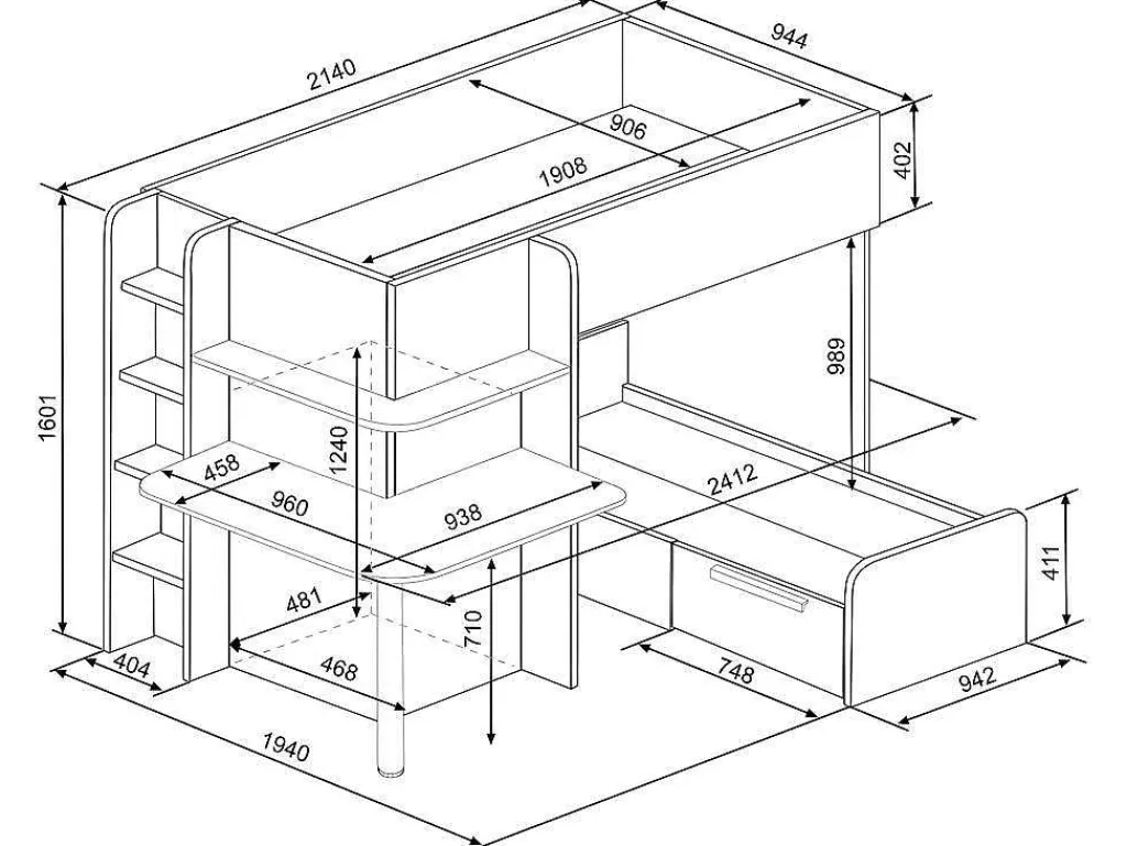 Hoekstapelbed 2 X 90 X 190 Cm - Met Bureau - Grijs, Wit En Zwart - Samuel-Vente-unique Best