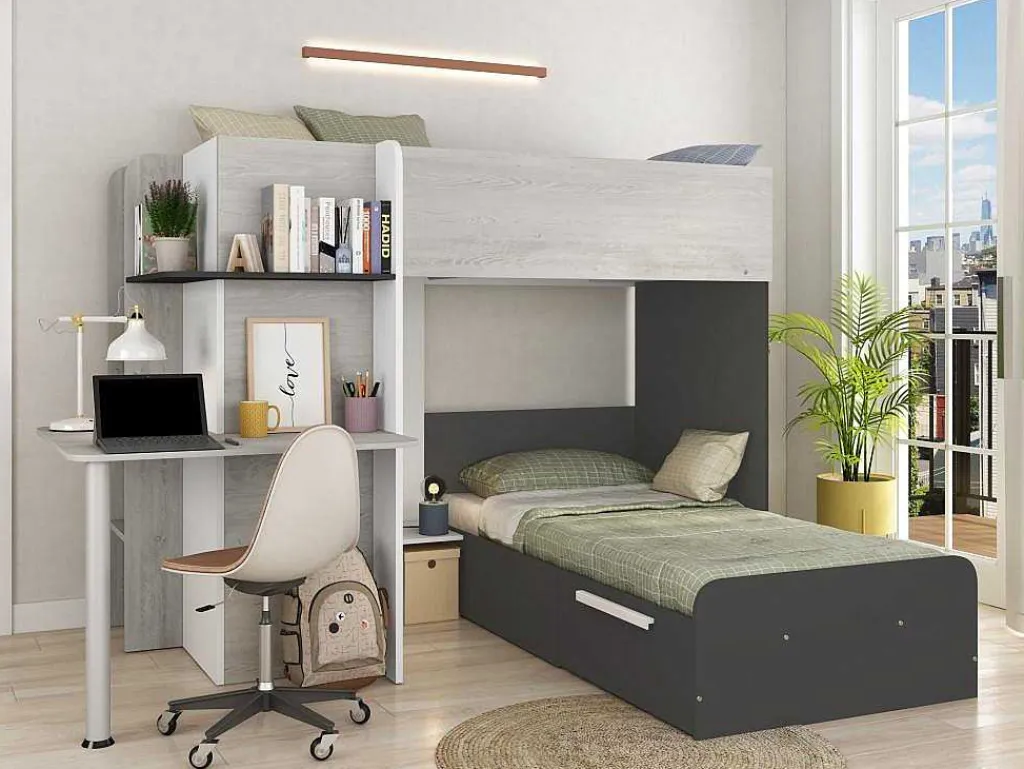 Hoekstapelbed 2 X 90 X 190 Cm - Met Bureau - Grijs, Wit En Zwart - Samuel-Vente-unique Best