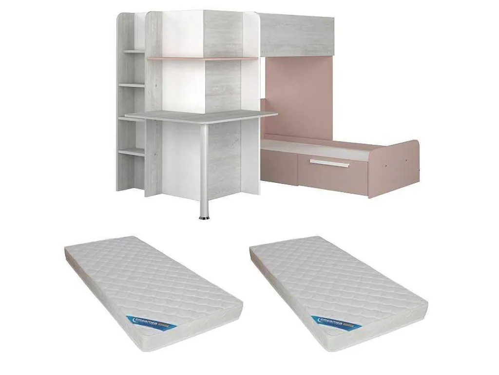 Hoekstapelbed 2 X 90 X 190 Cm - Met Bureau - Grijs, Wit En Roze + Matras - Samuel-Vente-unique Online