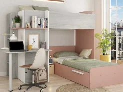 Hoekstapelbed 2 X 90 X 190 Cm - Met Bureau - Grijs, Wit En Roze + Matras - Samuel-Vente-unique Online