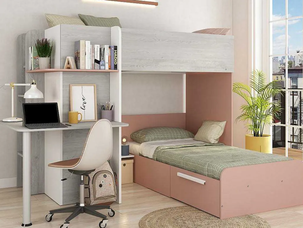 Hoekstapelbed 2 X 90 X 190 Cm - Met Bureau - Grijs, Wit En Roze + Matras - Samuel-Vente-unique Online